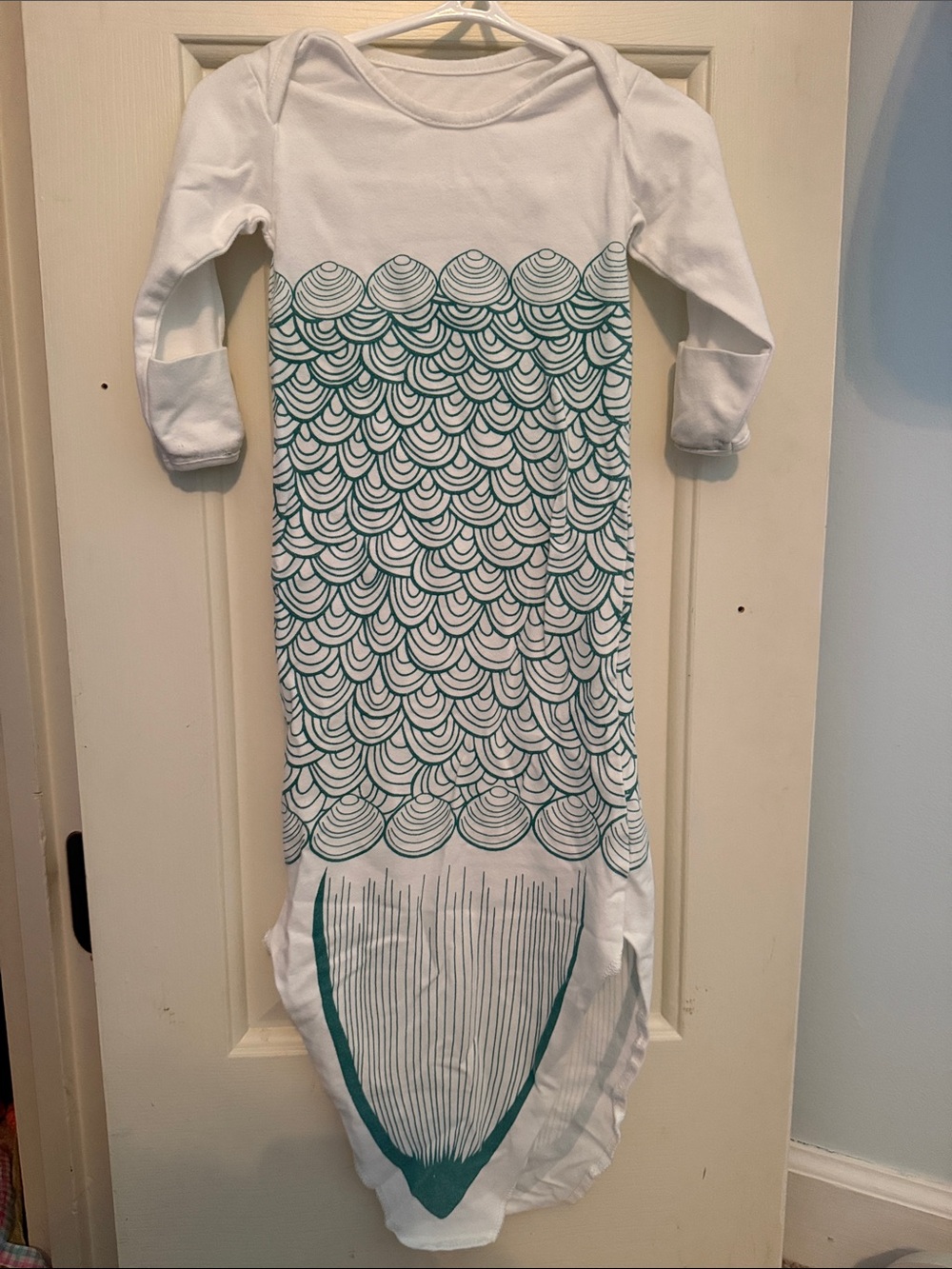 Adorable Baby Mermaid Sleep Gown with hand cuffs & tie bottom. 0-6 months